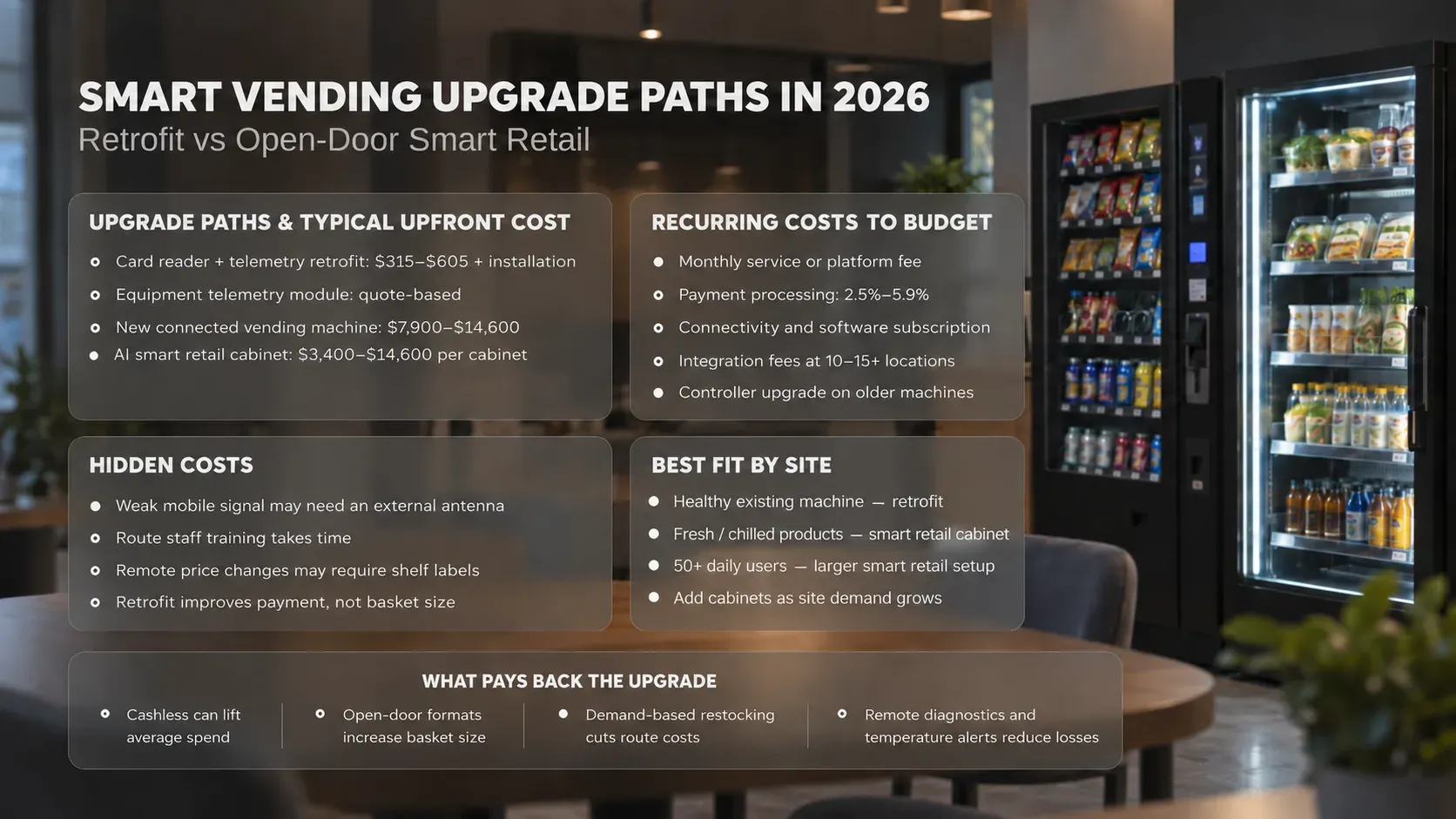 Smart vending upgrade paths in 2026: upgrade options with typical costs, recurring and hidden costs, and what pays back the upgrade