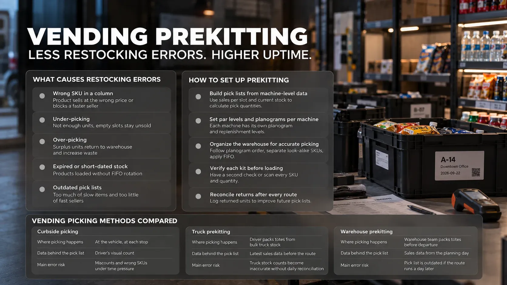 What causes vending restocking errors, how to set up prekitting and a comparison of vending picking methods